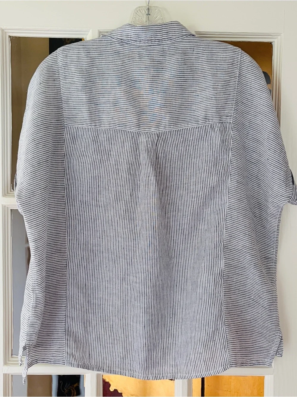 Christian Siriano 100% Linen Striped Button Up Short Sleeve Shirt  Top SZ L - Picture 3 of 9